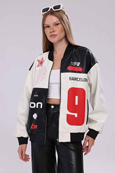 Black Level Women's Oversize Printed Leather Biker Coat Zippered Racer Jacket...