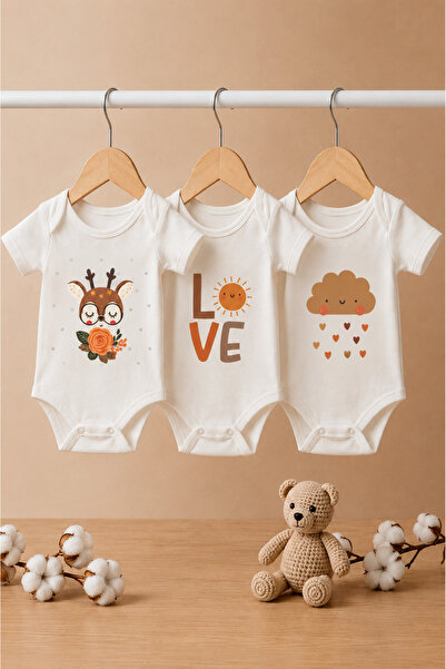 bebeqon 3-Piece Deer Printed Organic Baby Bodysuit Set Short-Sleeved Snap But...