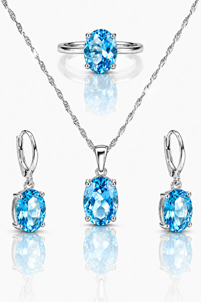 OSMANLI GÜMÜŞ Kadın 925 Ayar Gümüş Set Blue Topaz Oval Model Kolye Küpe Yüzük...