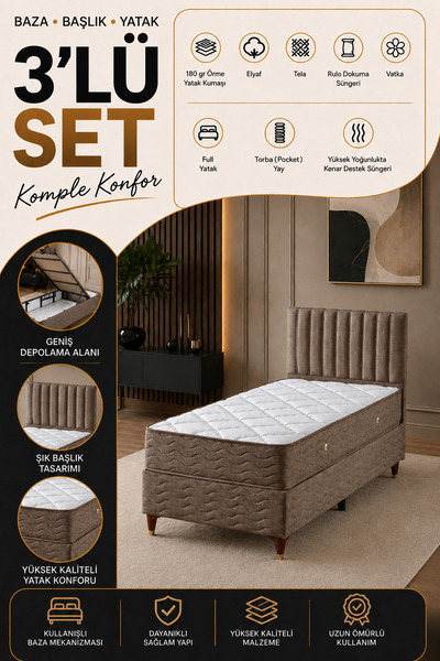 beehanem Ezgi Kahverengi 100x200 Geniş Tek Kişilik Premium Baza + Başlık + Ya...