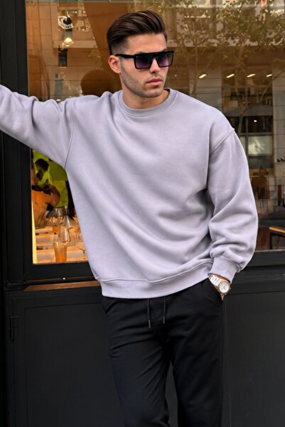 Madmext Dyed Gray Crew Neck Oversize Basic Men's Sweatshirt 6048