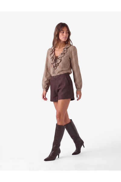 Koton Waffle Fabric Ruffled Flounce Lace-Up V-Neck Long Sleeve Plaid Blouse