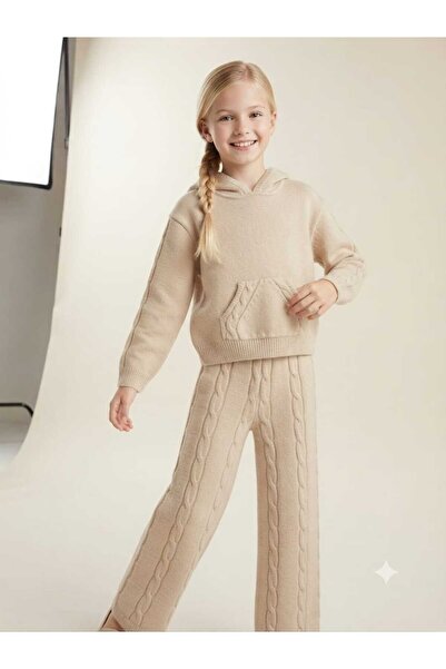 Hilal Akıncı Kids Girl's Twisted Knit Detailed Hooded Knitwear Sweatshirt Kni...