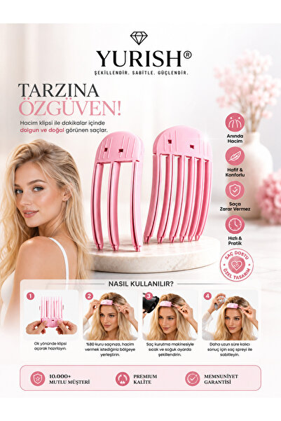 YURISH 2'li Pembe Saç Kaldırma Tarak Seti Unisex Pembe Kabarık Saç Kaldırma Kök Volüm Isısız Şekillendirici Tarak Perçem Hacim Verici Kore Klipsi