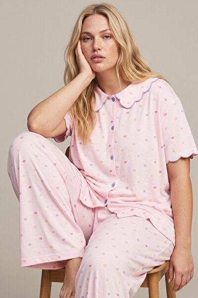Siyah İnci Pink Floral Collared Plus Size Oversized Buttoned Ribbed Camisole ...