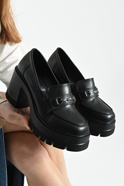 dabab shoes CHONORA Дамски черни кожени мокасини с детайли от вериги и дебела...