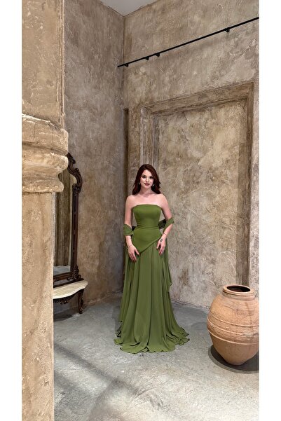 ayşenur Dinçer butik Luna Fularlı Şifon Abiye Yeşil