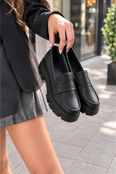 yesmoda Y2K HARAJUKU TARZ BLUCHER OKUL KOLEJ LOAFER SİYAH MAT KALIN TABAN MAK...