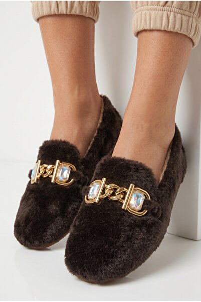 StWenn Women's Plush House Slippers with Gold Chain and Stone Accessories, Wi...