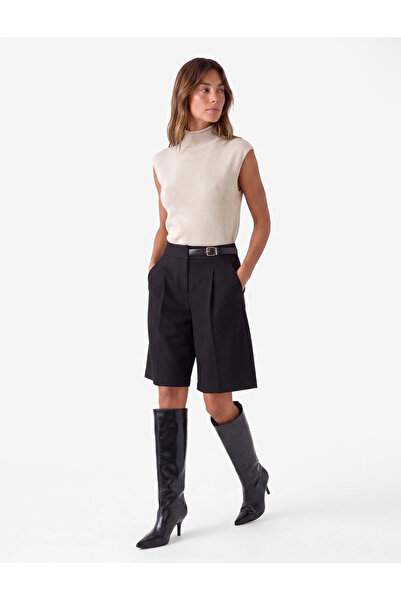 Koton Belt Detailed Viscose Blend Pleated Regular Waist Bermuda Shorts