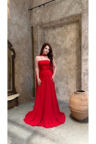 ayşenur Dinçer butik Luna Fularlı Şifon Abiye Kırmızı