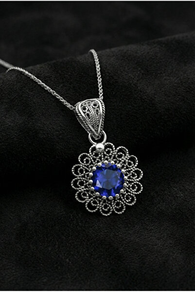 Roza Silver 925 Ayar Eylül Safir Doğum Taşı Çiçek Motifli Telkari Gümüş Kolye