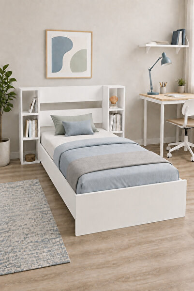 ARNETTİ Smart Tek Kişilik Karyola Beyaz 90x190 cm | Raflı Genç Odası Karyolas...