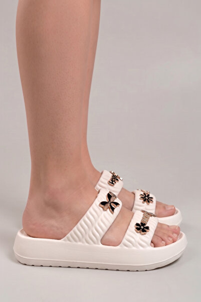 hadiora Cream Accessory Detailed Platform Slippers - Soft Sole Casual and Beach Slippers