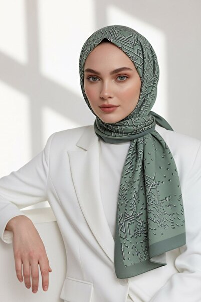 Vissona KREP GEOMETRİK DESENLİ SU YEŞİLİ - KREM RENKLİ 75X195 KIRIŞMAZ ŞAL