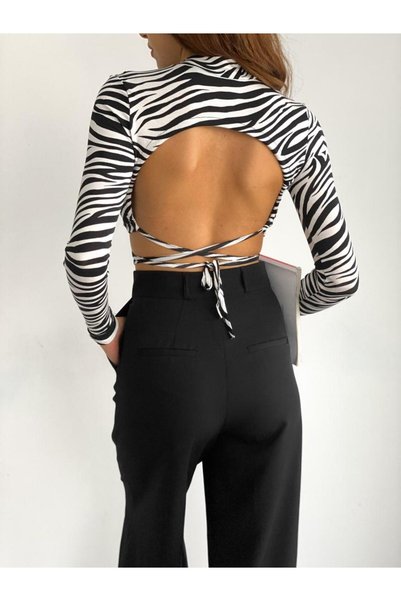 ladyzey Kadın Sırt Dekolteli Yarım Balıkçı Siyah Zebra Desenli Crop Top