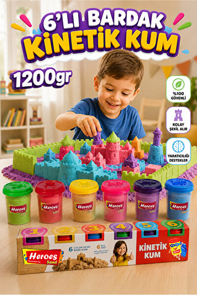 HEROES 6'lı Rengarenk Kinetik Oyun Kumu Seti - 1200 gr Kalıp Kapaklı Eğitici Kum