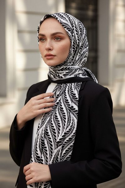 Vissona KREP GEOMETRİK DESENLİ SİYAH - BEYAZ RENKLİ 75X195 KIRIŞMAZ ŞAL