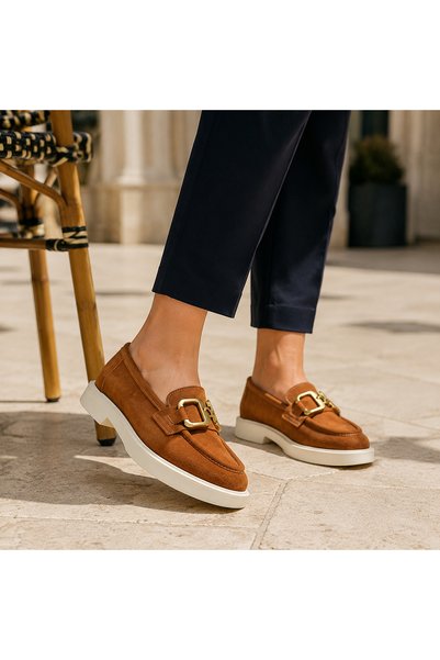 a ayak&kabım official Real Leather Tan Suede Luxury Buckle Detailed Very Comfortable Light Daily Women's Shoes Tkllsl2501
