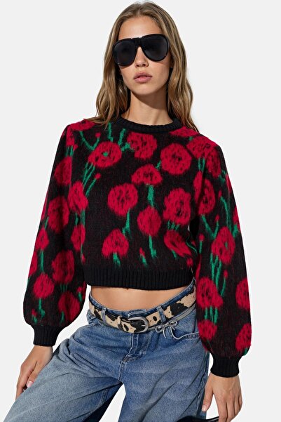 Hiccup Floral Patterned Crew Neck Knitwear Sweater