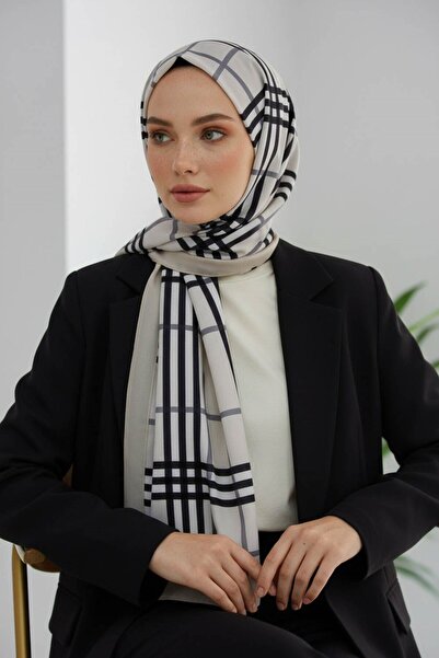 Vissona KREP EKOSE DESENLİ KREM - GRİ RENKLİ 75X195 KIRIŞMAZ ŞAL