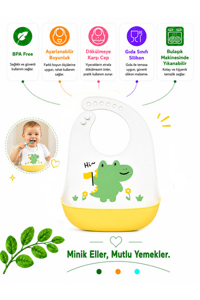 jojobebek Premium, Durable Bpa-Free Adjustable Children's Silicone Bib with Dinosaur Figure (9+ Months)