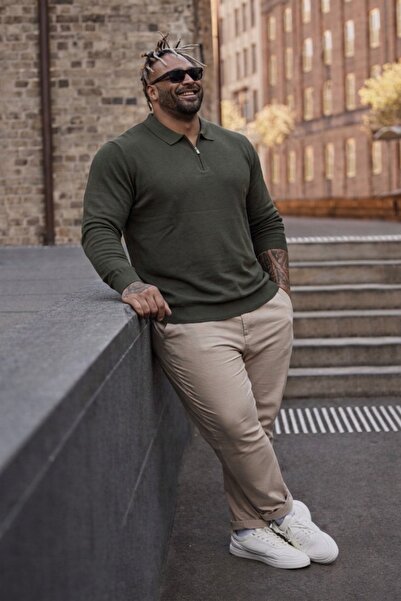Maccali Erkek Büyük Beden Basic Haki Fermuarlı Sweatshirt