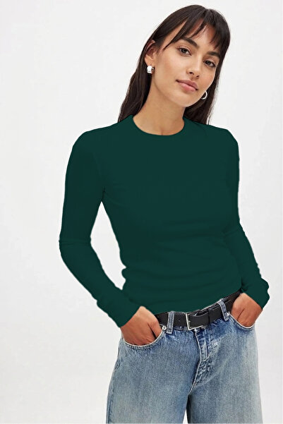 CHEISU Emerald Green Long Sleeve Camisole Ribbed Women's T-Shirt Blouse
