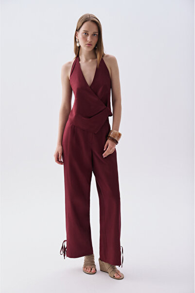 Mudo Women's Burgundy Loose Fit Trousers with Cuff Detail