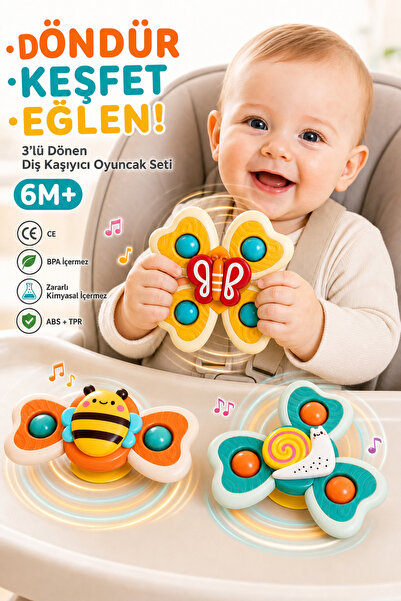 CARA CARO 3'lü Duyusal Vantuz Spinner: Banyo ve Seyahat Oyuncağı, Eğitici Bebek Hediyesi, 6+ Ay