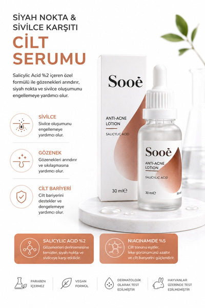 Sooê Salisilik Asit BHA Serum — Siyah Nokta, Akne ve Gözenek Karşıtı Yağlı Cilt Bakım Serumu 30 ml