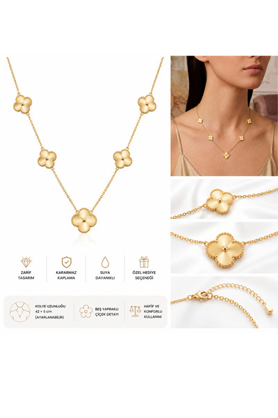 INOTIVE ZİRKON TAŞLI 5'Lİ YONCA ÇİÇEK FİGÜRLÜ GOLD KADIN KOLYE