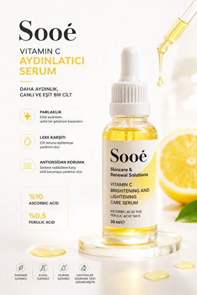 Sooê C Vitamini Serumu %10 Ascorbic Acid + %0,5 Ferulic Acid 30 ml | Leke Karşıtı Aydınlatıcı Cilt Tonu Eşitleyici Serum