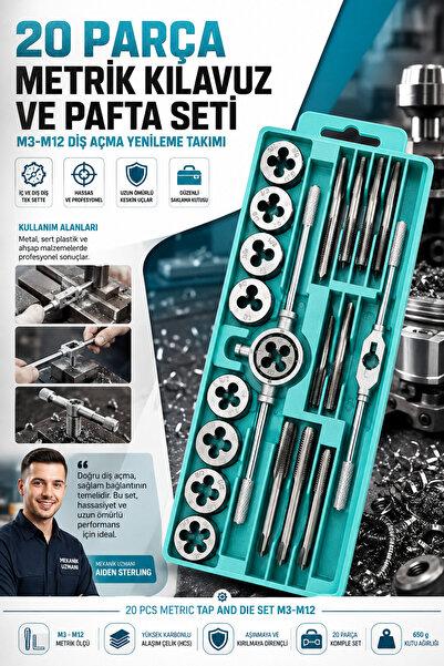 Transformacion 20 Parça Profesyonel Metrik Kılavuz ve Pafta Seti M3-M12 - Has...