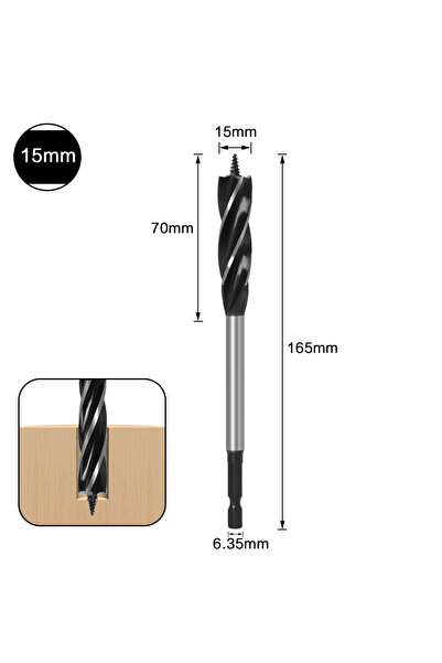 Choice1 15mm Four Flute Auger Wood Drill Bit 6.35mm Hex Shank 10‑35mm Diamete...