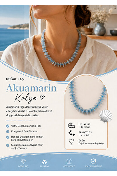 Dilek Doğal Taş Bijuteri Akuamarin Doğal Taş Kolye 10-15 mm Diş Kesim El Yapı...