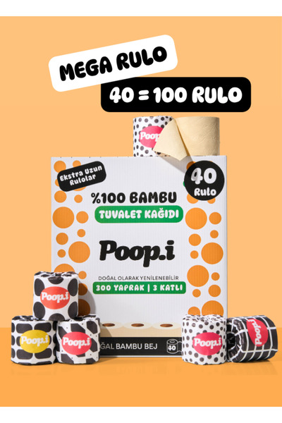 Poop.i %100 Ağartılmamış Bambu "MEGA RULO" 40 Tuvalet Kağıdı BLACK & WHITE Do...