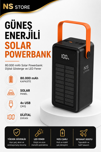 NS Store Güneş Enerjili Solar Powerbank 80.000 mAh Dijital Ekranlı 4 Çıkışlı Acil Durum Bataryası El Fenerli