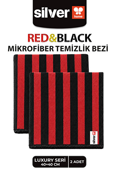 SİLVER HOME Luxury Serisi 2’li Kırmızı Siyah İri Çizgili Mikrofiber Temizlik Bezi 40x40 cm Süper Emici İz Bırakmaz
