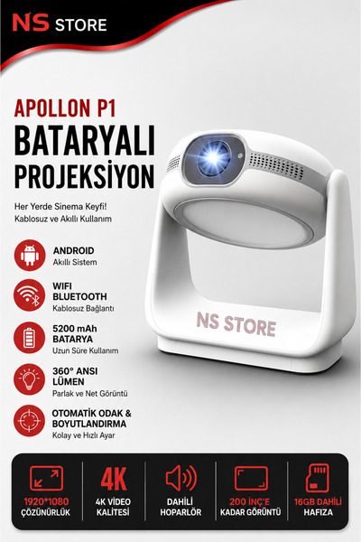 NS Store Android Sistemli Projeksiyon Cihazı | Bataryalı, 4K Destekli 1080P T...
