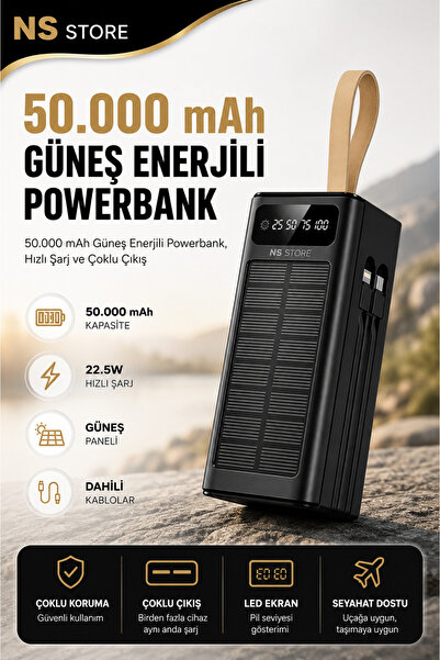 NS Store 50000 mAh Güneş Enerjili Hızlı Şarj Powerbank El Fenerli Taşınabilir...