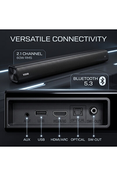 Visio مكبر صوت 2.1 قناة بقوة 60 واط مع مضخم صوت |   بلوتوث 5.3، HDMI ARC، بصري، USB |   نظام صوتي منزلي سينمائي |   في إس بي 210