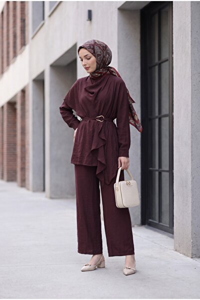 Modamorfo Asymmetrical Cut Trousers Lined Belted Cupra Set - Burgundy