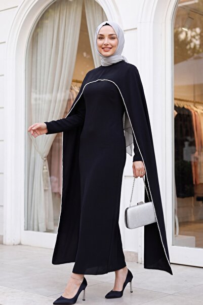 Modamorfo Pearl Detailed Spanish Sleeve Lined Crepe Abaya Dress with Detachab...