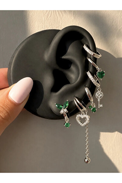 h&b design jewel Silver Green Butterfly Detailed Earring Set of 6
