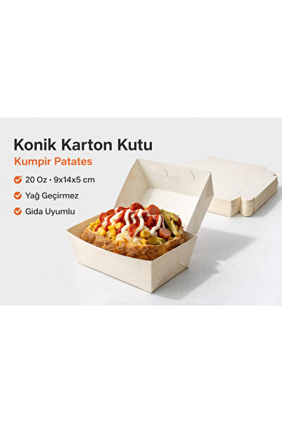 Orbak Kağıt Kumpir Patates Konik Karton Kutu 20 Oz 9x14x5 cm Yağ Geçirmez Gıd...