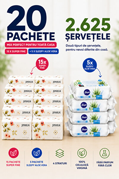 Jinhua Set Mixt 20 Pachete Șervețele, 2625 Bucăți – 15 Pachete Super Fine 4 S...