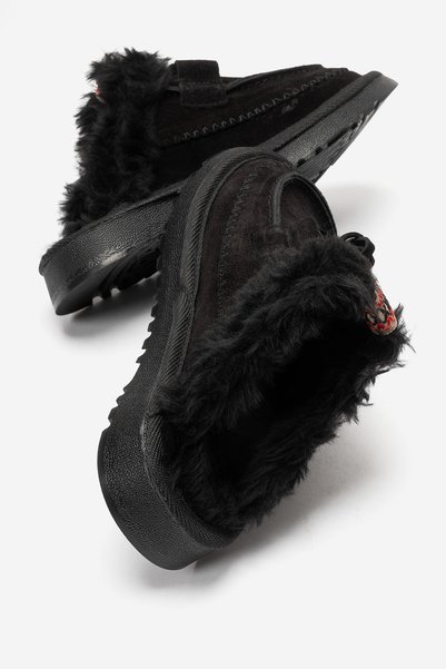 babiva Genuine Suede Leather Fur Lacing Detailed Black Women's Loafer Slippers Linnea