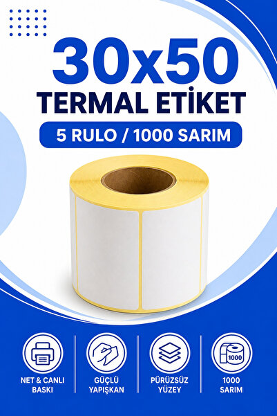 Küresel Etiket Barkod 30X50Mm Thermal Label |   5 Rolls |   1000 Wraps |   Ri...