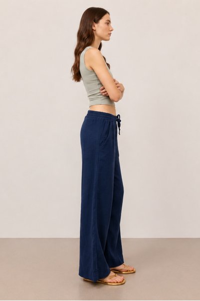 DIANNA Women's Elastic Waist Wide Leg Muslin Trousers %100 Cotton Wide Wide-Leg Comfortable Office & Casual Style